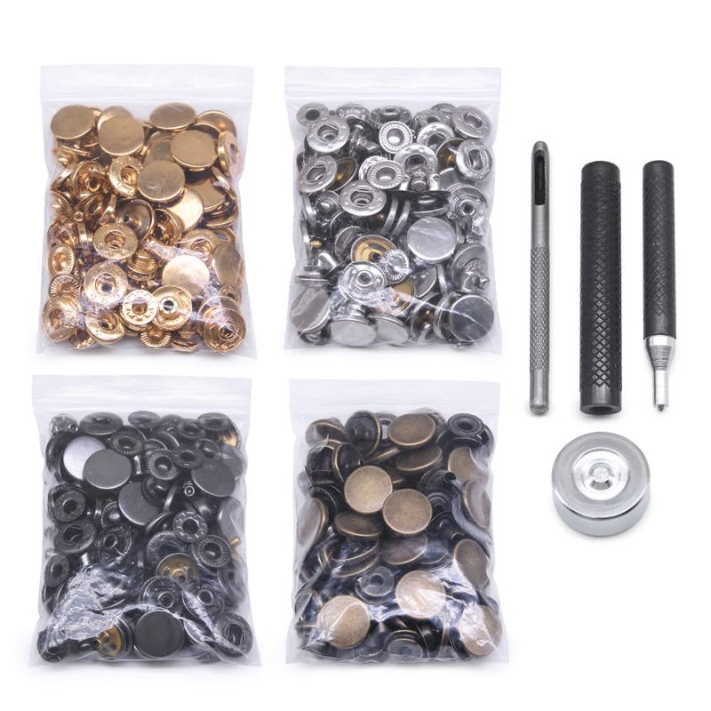 SEMINI 120 Set Leather Snap Fasteners Kit, 10/12.5/15mm Metal Button Snaps Press Studs with 4 Setter Tools, 4 Color Leather Snaps for Clothes, Jackets, Jeans Wears, Bracelets, Bags - Image 1